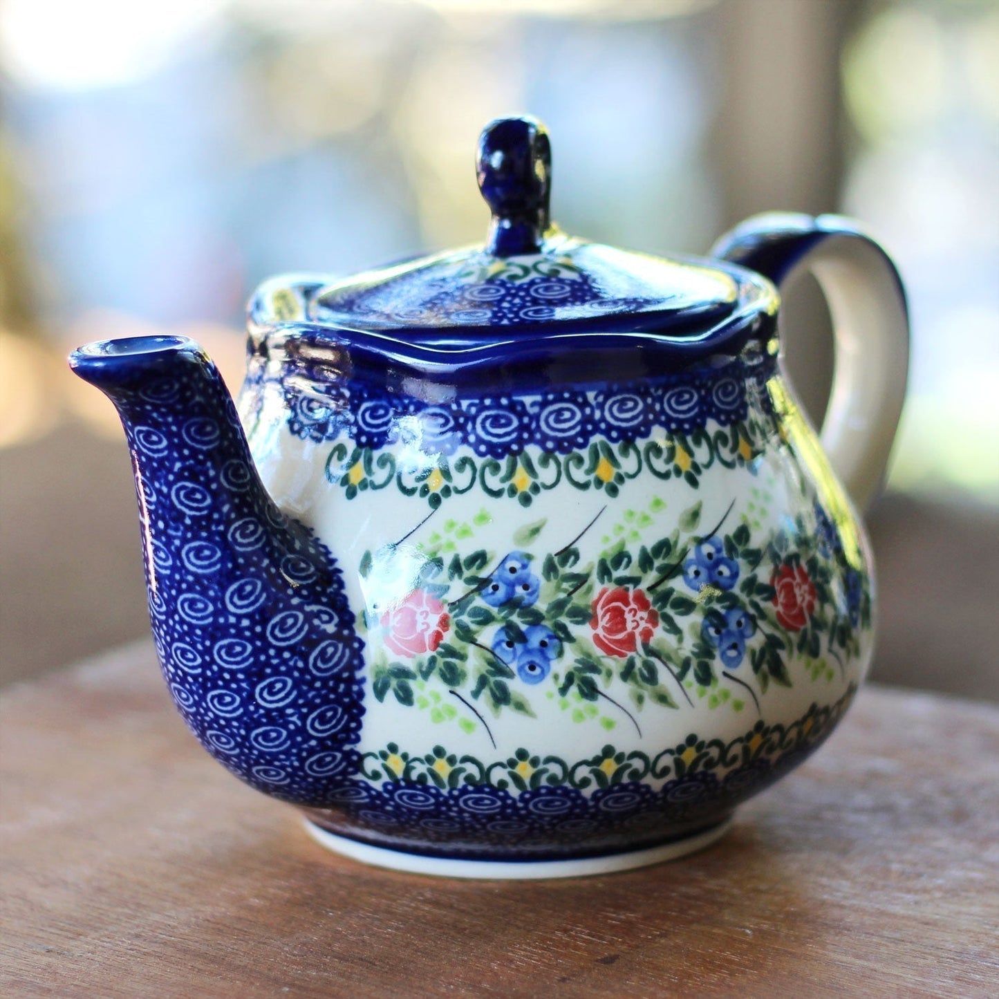 Polish Blueberries Roses Teapot Pottery