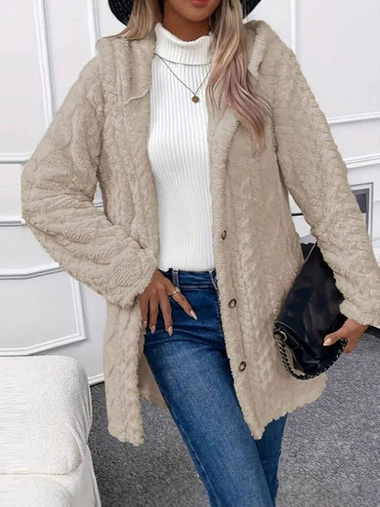  Women's Hooded Long Jacket Textured Fleece Winter Coat