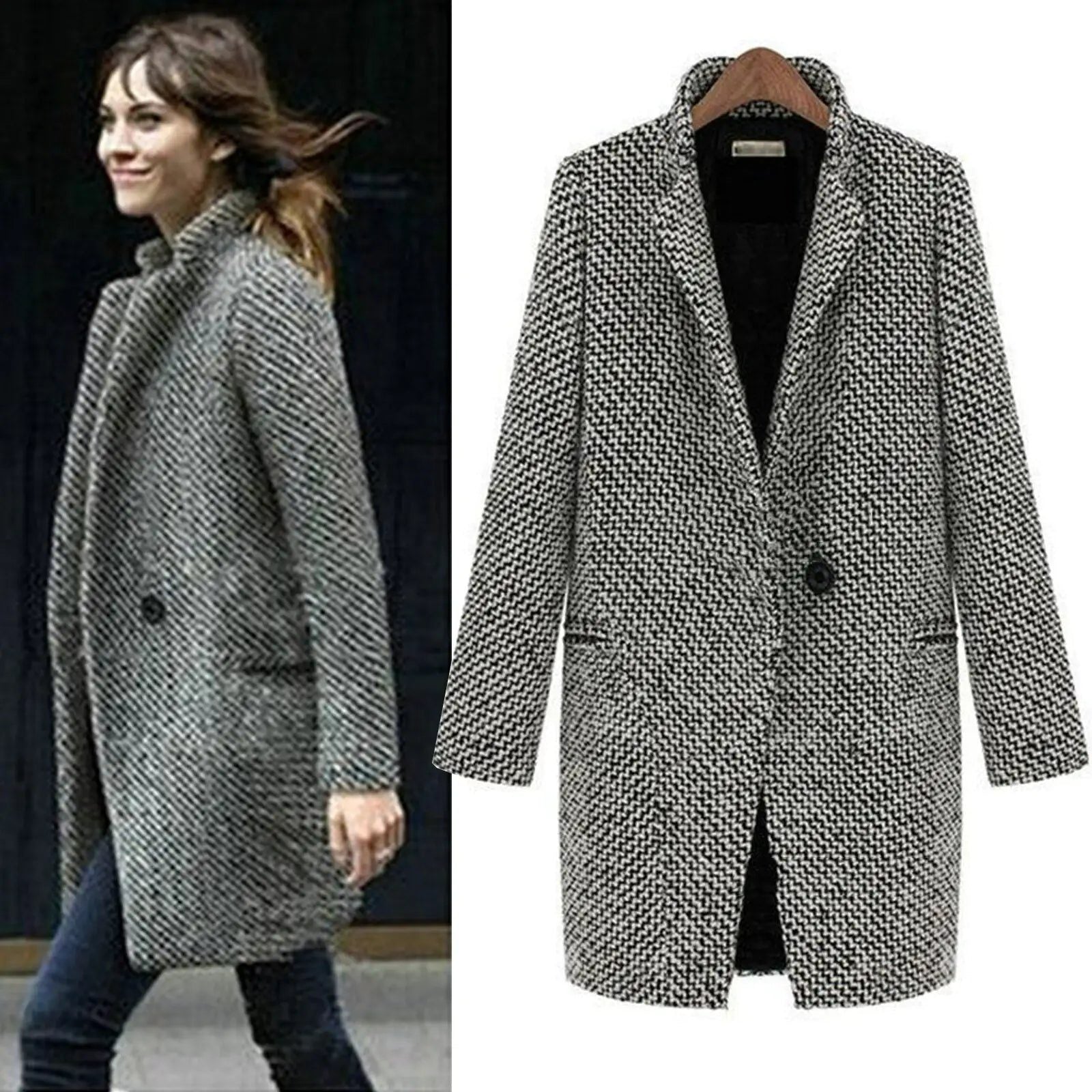   Women's Houndstooth Wool Coat Elegant Design