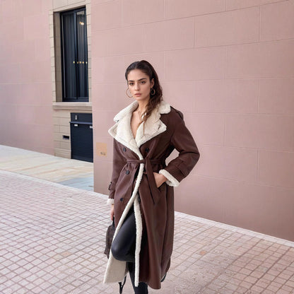   Women's Long Coat Plush Lining Wide Lapels Winter Style