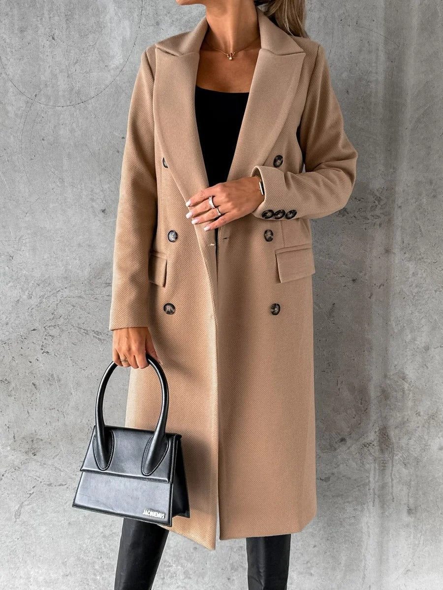   Women's Wool Blend Longline Coat Double-Breasted Notched Lapels