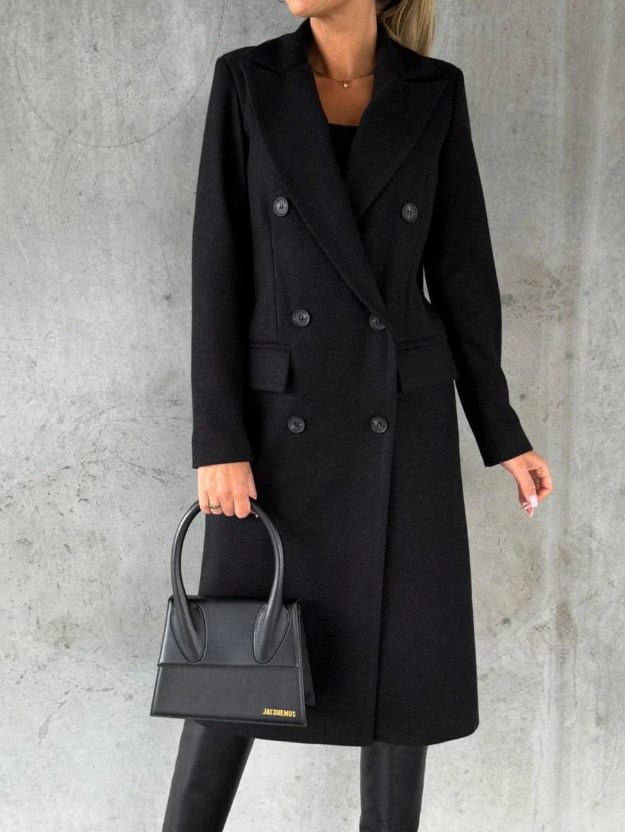   Women's Wool Blend Longline Coat Double-Breasted Notched Lapels