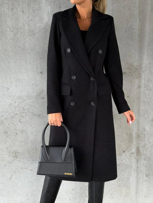   Women's Wool Blend Longline Coat Double-Breasted Notched Lapels